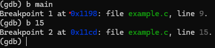 Break main and break Line number being used to create a breakpoint in the debugger.