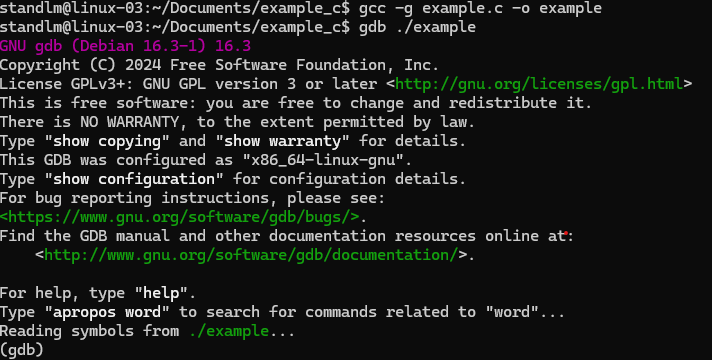 GDB Execution process, starting with the user compiling their file with the -g to load the debug symbols then executing the program as an argument for the gdb command