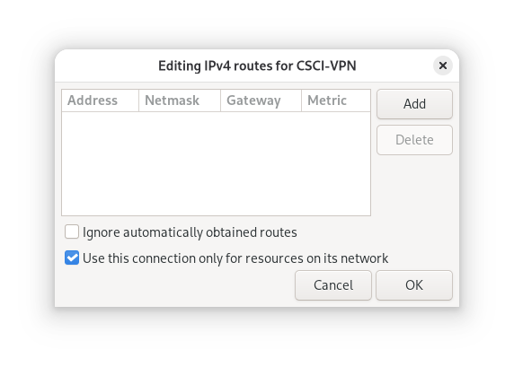 NetworkManager IPv4 Route Settings Window