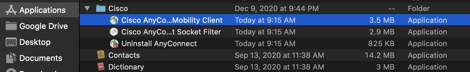 Applications Cisco Folder AnyConnect Client