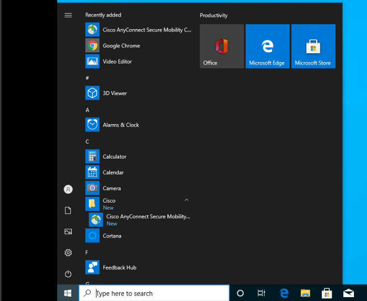 Windows Start Menu - Select Cisco AnyConnect Secure Mobility Client