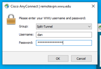 Cisco AnyConnect Client - Connection Settings - Enter username and password