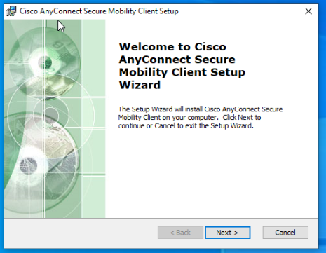 Cisco AnyConnect Installer screen 1 - Click Next