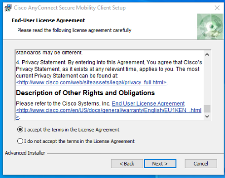 Cisco AnyConnect Installer screen 2 - Click I accept, Click Next