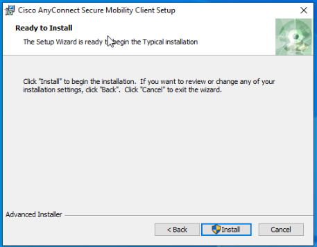 Cisco AnyConnect Installer screen 3 - Click Install