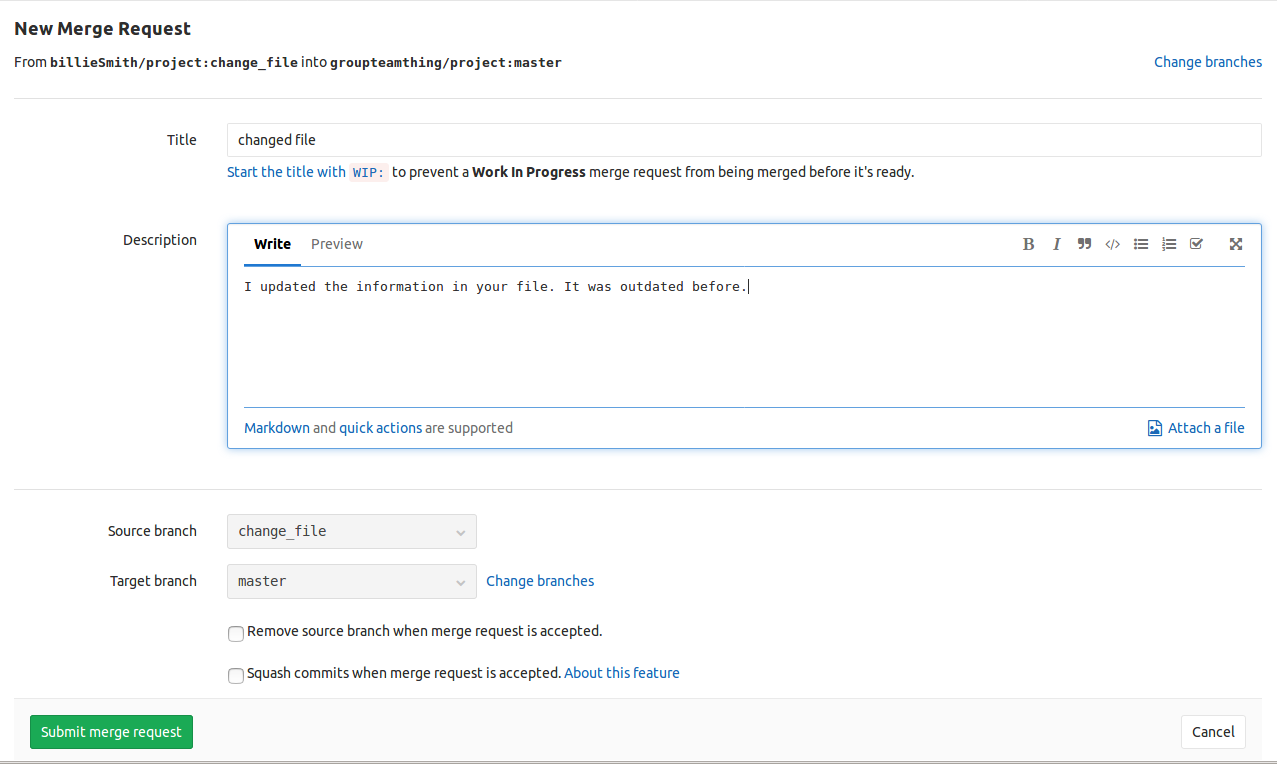 website page where a merge rewuest is being created with a Title, Description, Source branch, Target branch